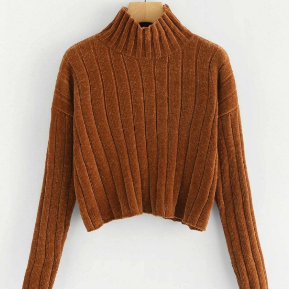 High Neck Raw Hem Crop Sweater
